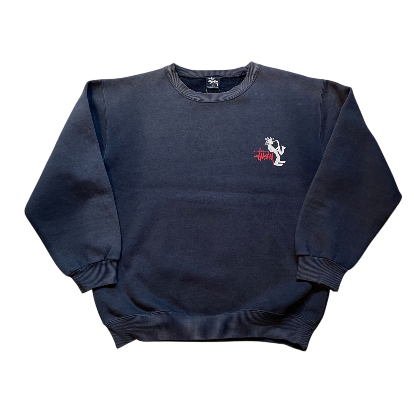90s-00s STUSSY “JAZZ MAN” Sweatshirt 紺 M ステューシー ジャズマン