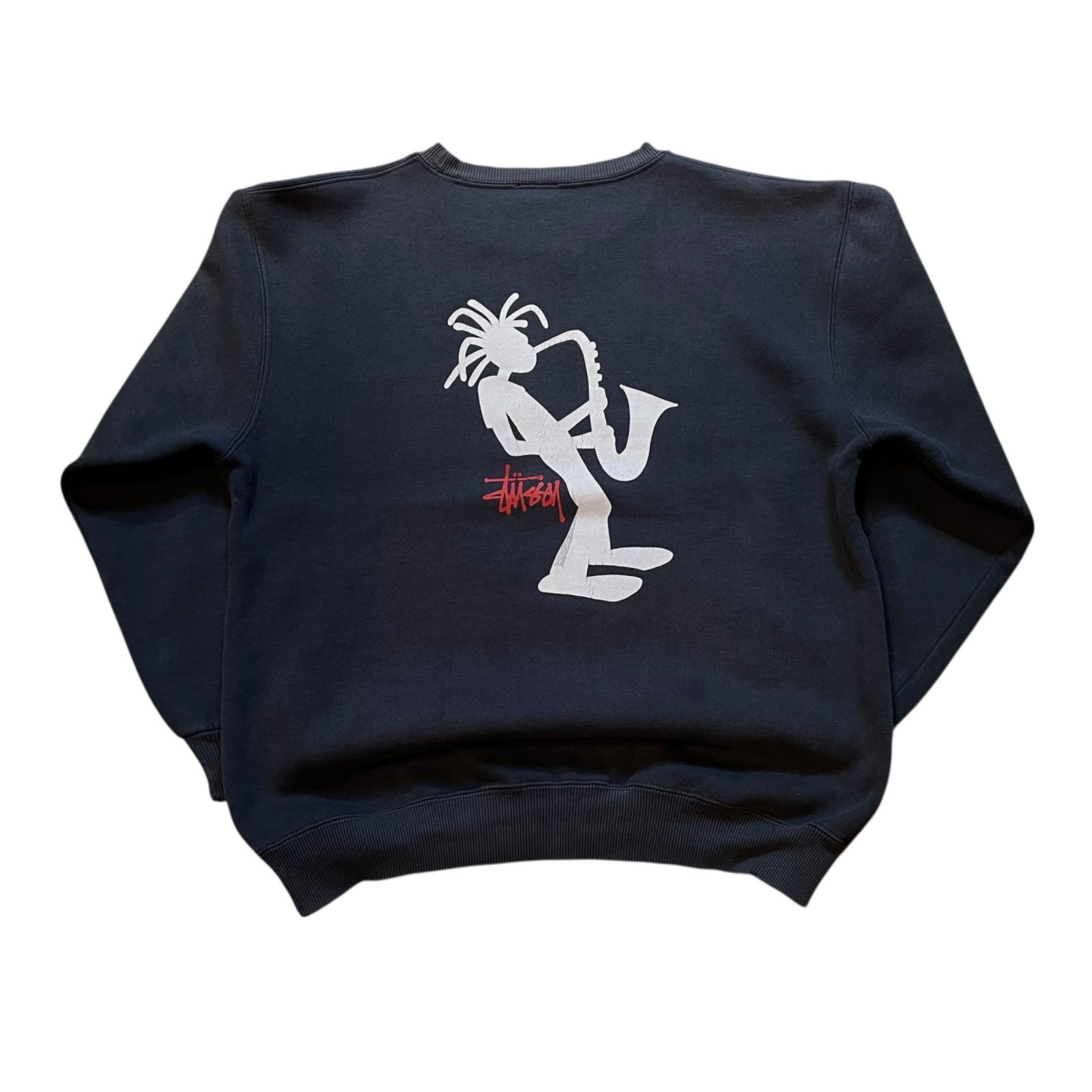 90s-00s STUSSY “JAZZ MAN” Sweatshirt 紺 M ステューシー ジャズマン