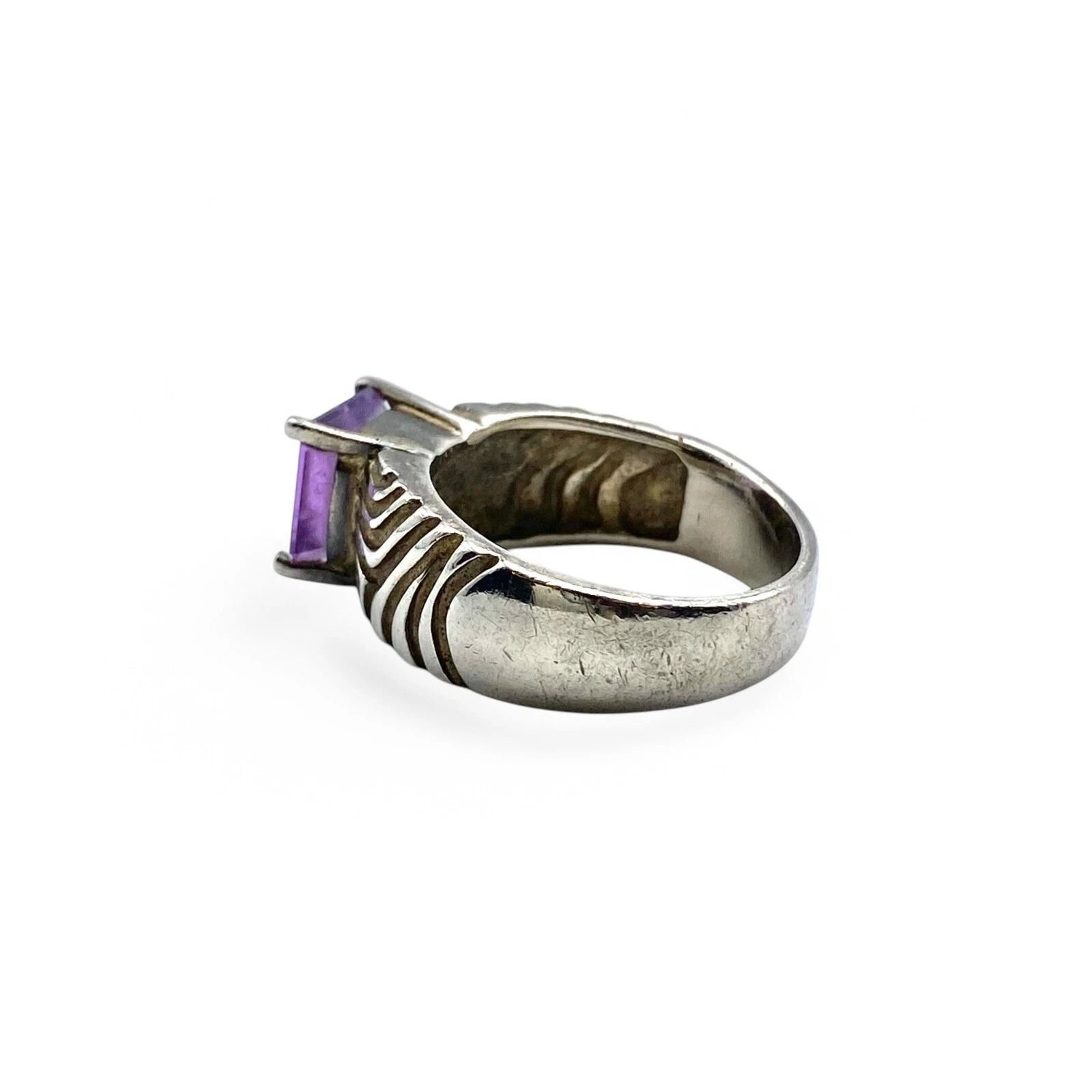ヴィンテージ シルバー925 モダニスト デザイン リング 16号 直線と曲線】アメジスト Silver 925 刻印 90s Vintage Design Ring