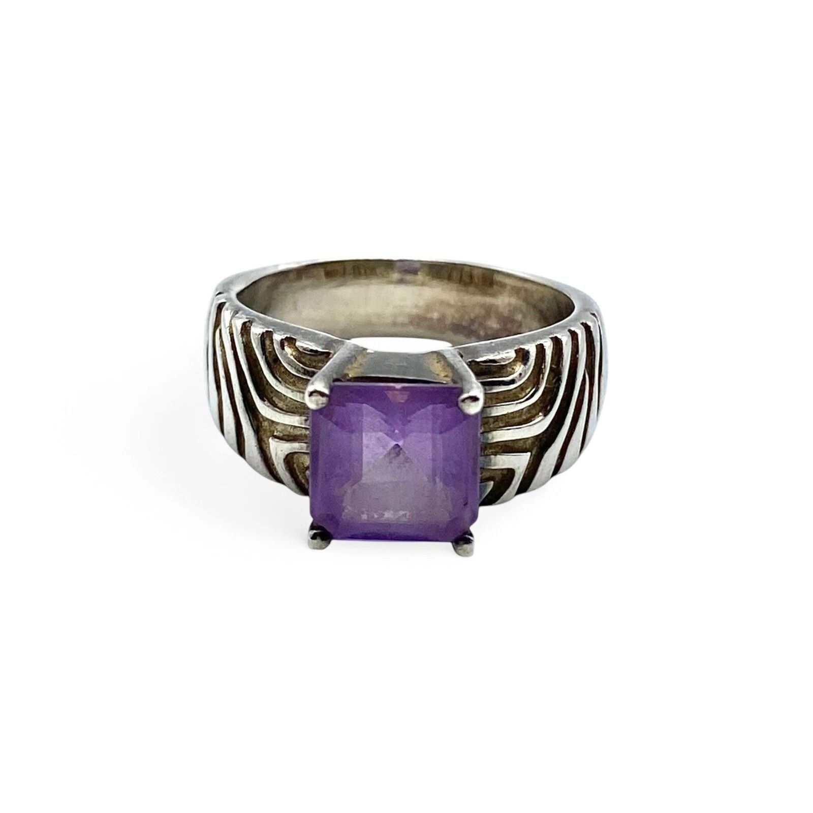 直線と曲線】アメジスト Silver 925 刻印 90s Vintage Design Ring