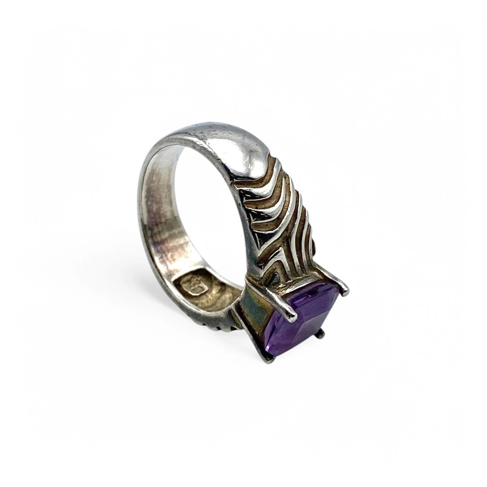 直線と曲線】アメジスト Silver 925 刻印 90s Vintage Design Ring