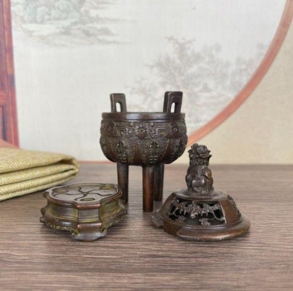 新品】銅器 香炉 双耳三足鼎 瑞獣獅子香炉 薫香炉 茶道 置物 装飾品
