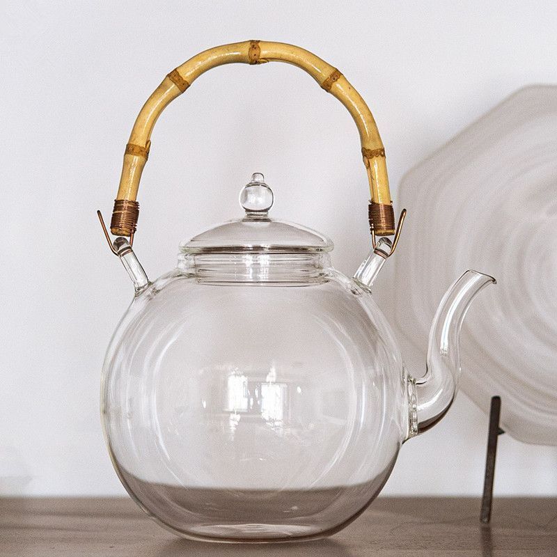ガラスケトル 真鍮 900ml 耐熱 ガラス ティーポット まんまるポットヤカン ガラスケトル 900ml 耐熱 ガラス ティーポット 竹の持ち手 まんまる