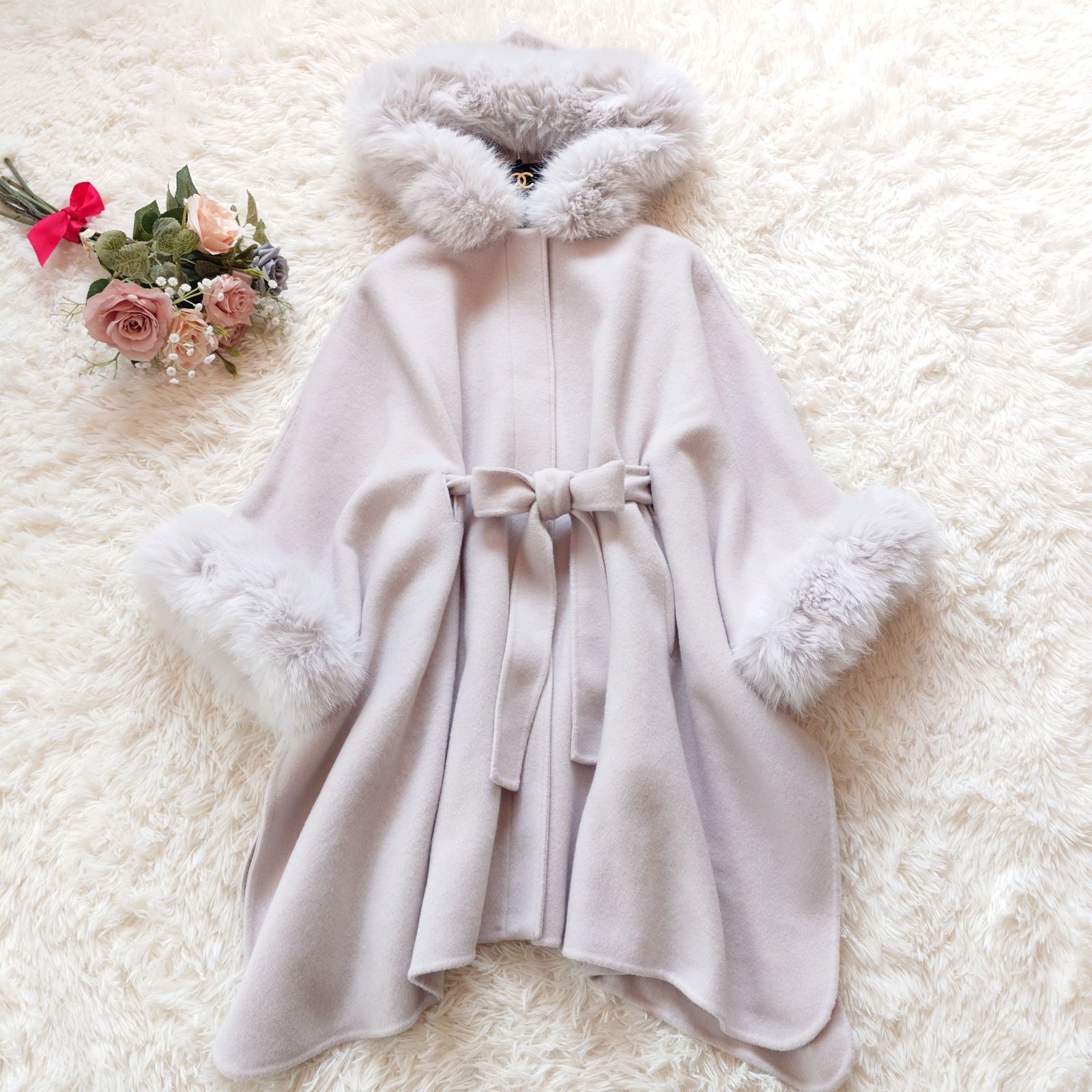 美品 セルフォード CELFORD ファーポンチョコート ロングコート