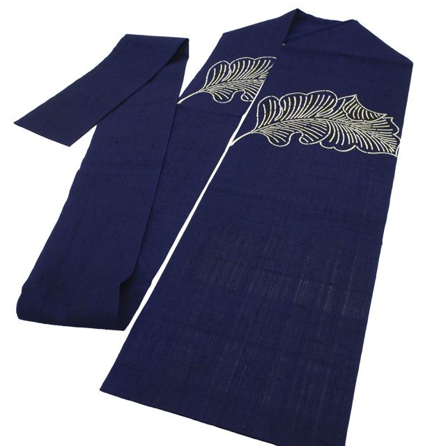 中古】 名古屋帯 九寸 紬 藍型 リサイクル 正絹 濃藍地 葉 リーフ 植物
