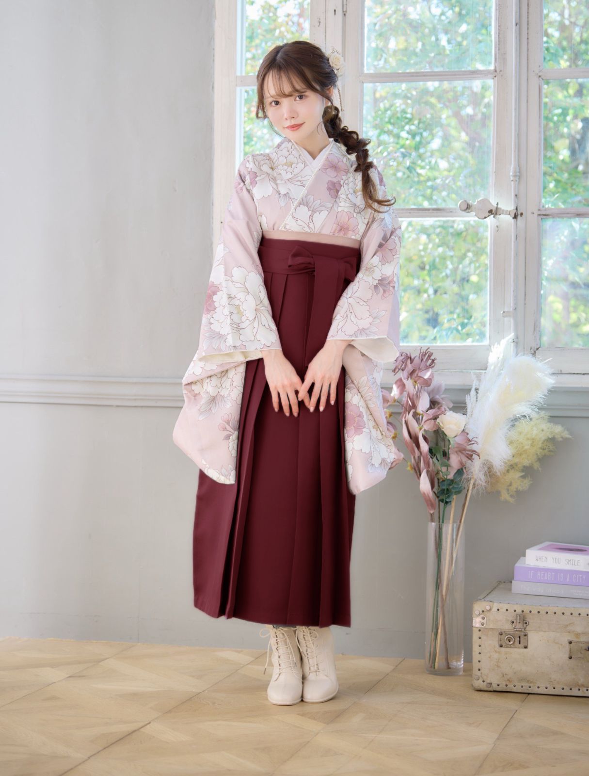 新品 袴 4点セット 袴セット 小学生 大学生 ジュニア 女の子 牡丹 花柄 