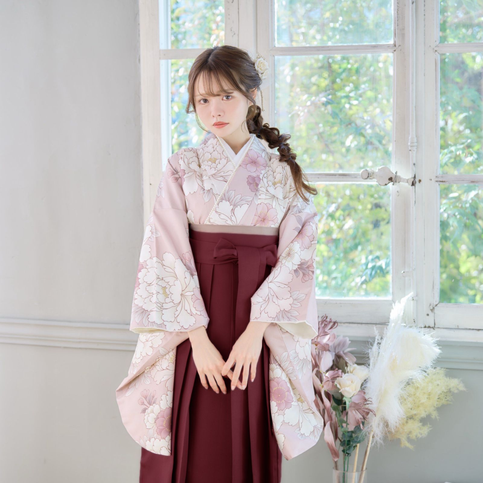 新品 袴 4点セット 袴セット 小学生 大学生 ジュニア 女の子 牡丹 花柄 