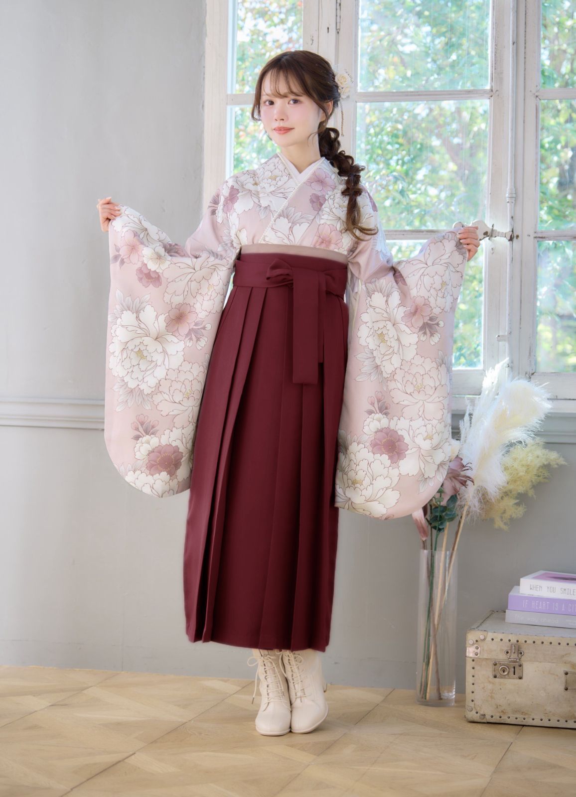 新品 袴 4点セット 袴セット 小学生 大学生 ジュニア 女の子 牡丹 花柄 