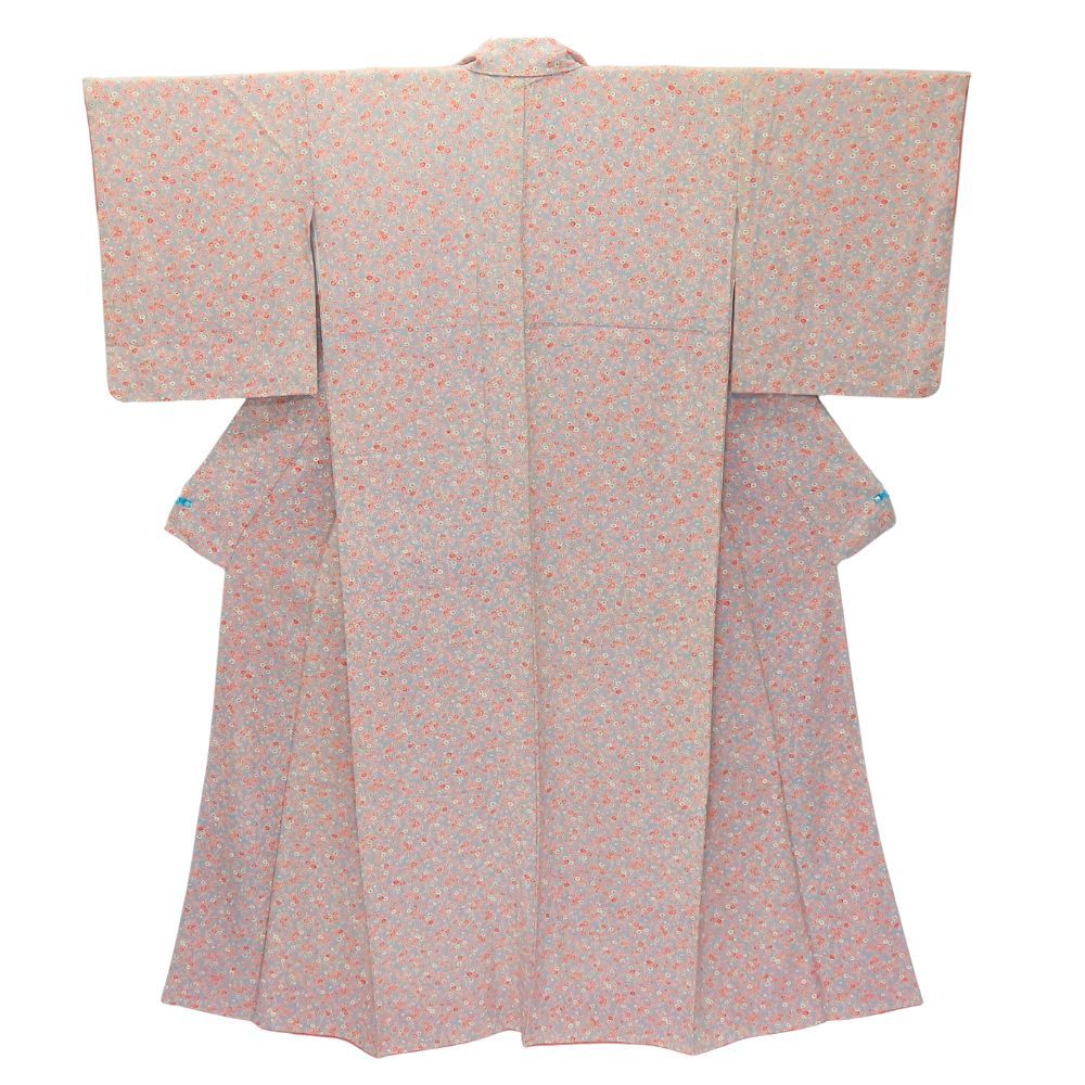 【中古】 小紋 正絹 グレー コーラル系 ホワイト 小花柄 総柄 お洒落 和装 呉服 和服 きもの レディース 女性 中古】 小紋 正絹 グレー コーラル系 ホワイト 小花柄 総柄 お洒落