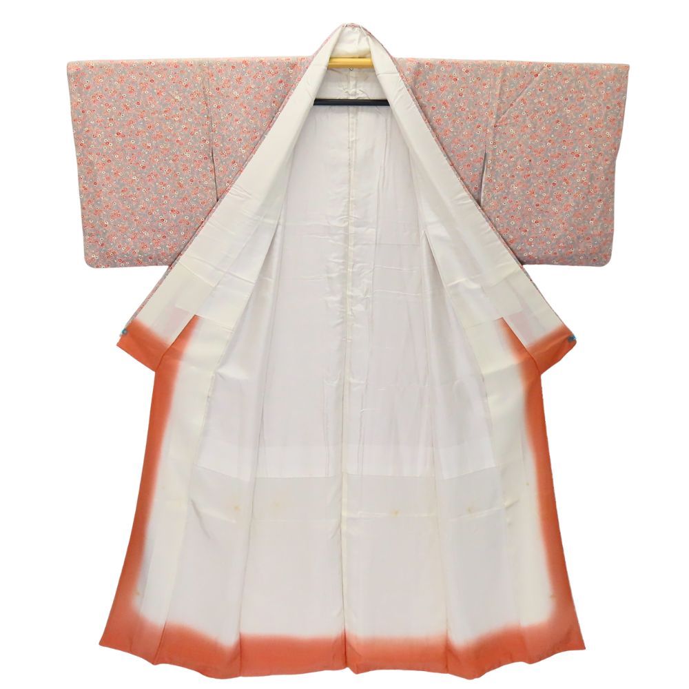 【中古】 小紋 正絹 グレー コーラル系 ホワイト 小花柄 総柄 お洒落 和装 呉服 和服 きもの レディース 女性 中古】 小紋 正絹 グレー コーラル系 ホワイト 小花柄 総柄 お洒落
