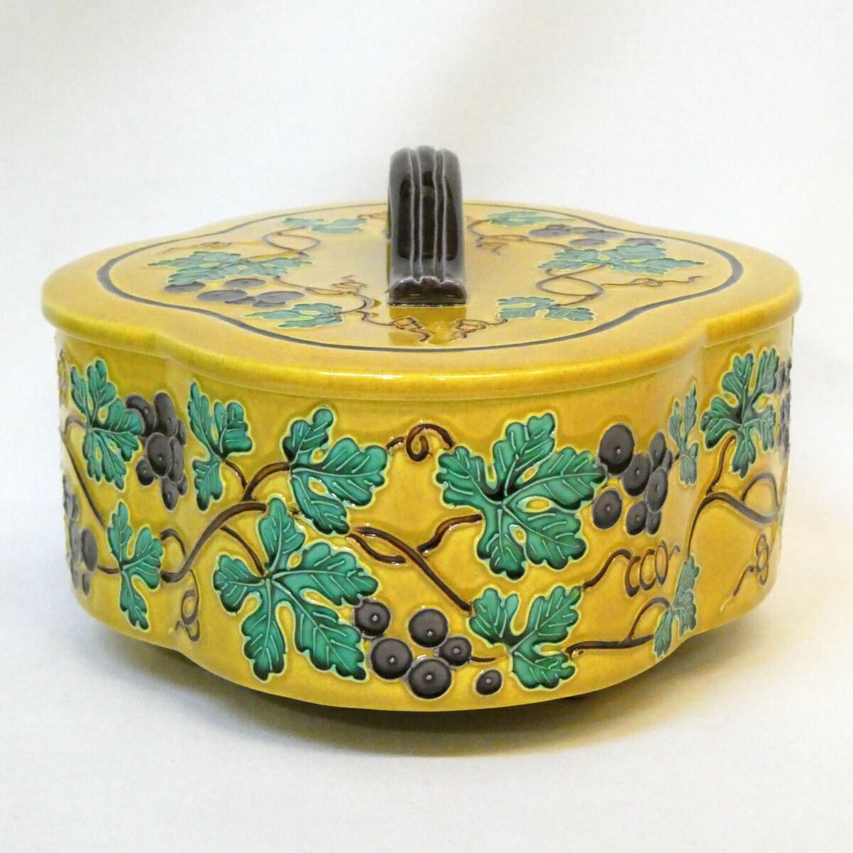 平安 中村翠嵐作 古代黄交趾 葡萄唐草 喰籠 菓子器 食篭 食籠 喰篭