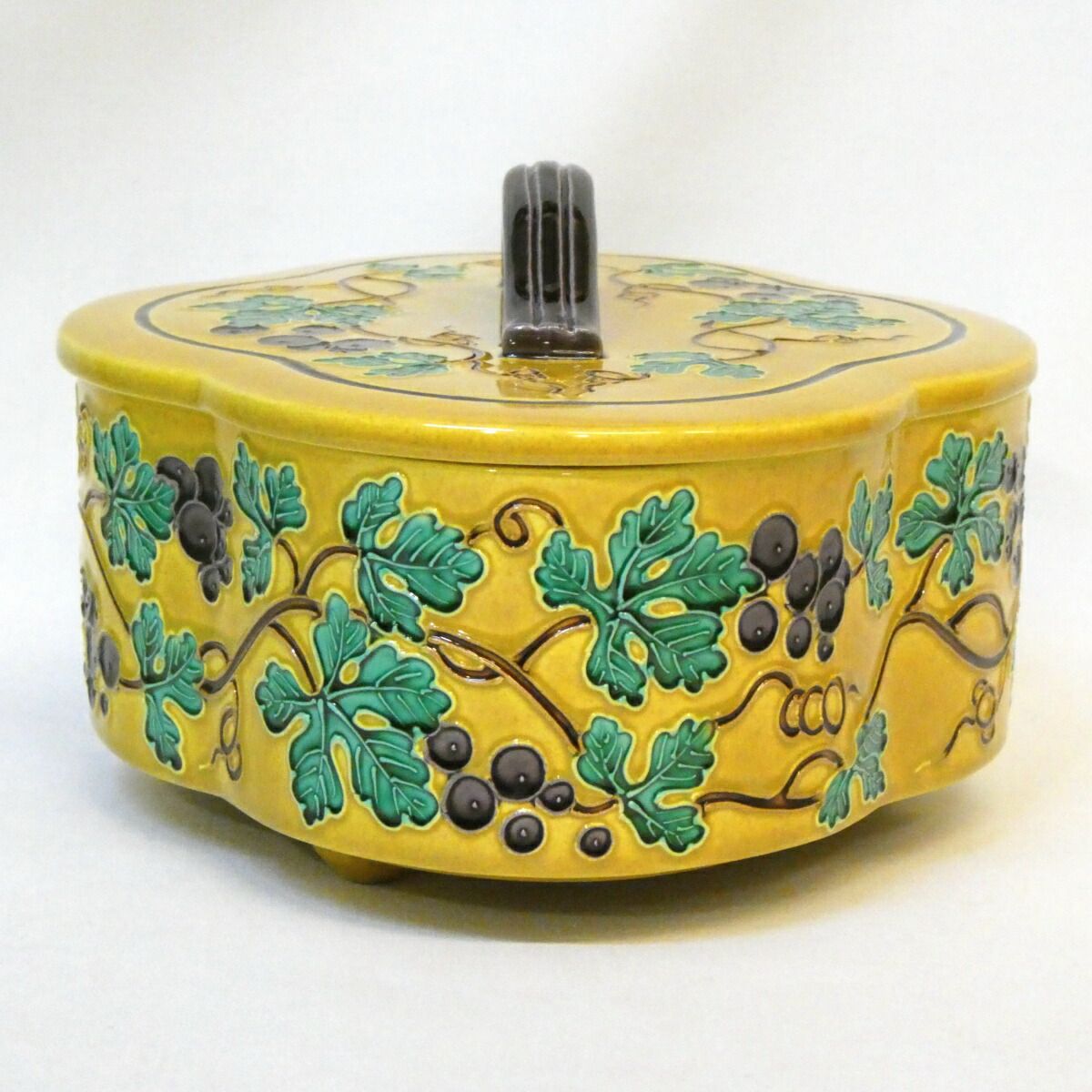 平安 中村翠嵐作 古代黄交趾 葡萄唐草 喰籠 菓子器 食篭 食籠 喰篭