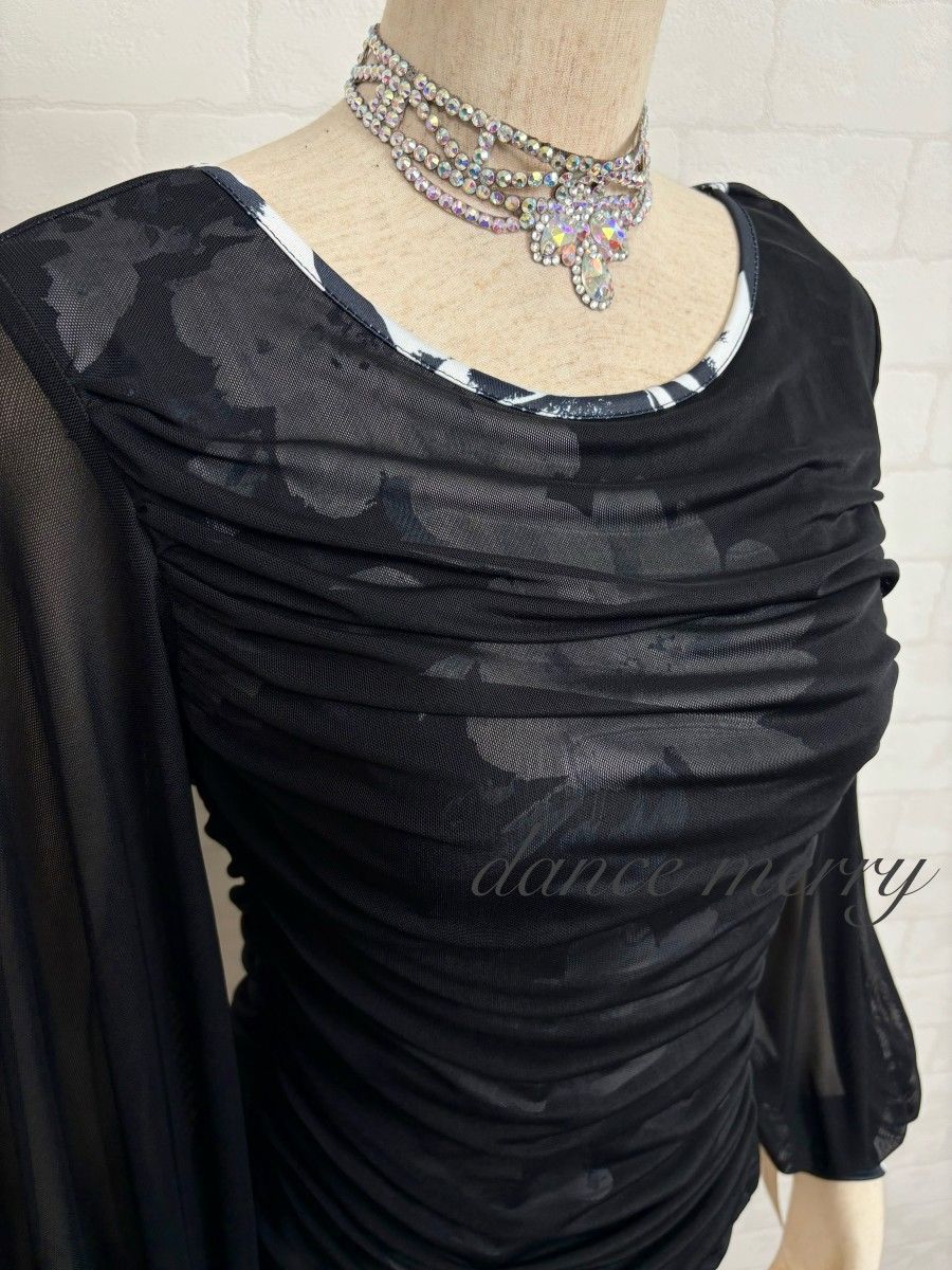 新品 長袖 社交ダンス トップス 黒 白 グレー バルーン袖 レッスン