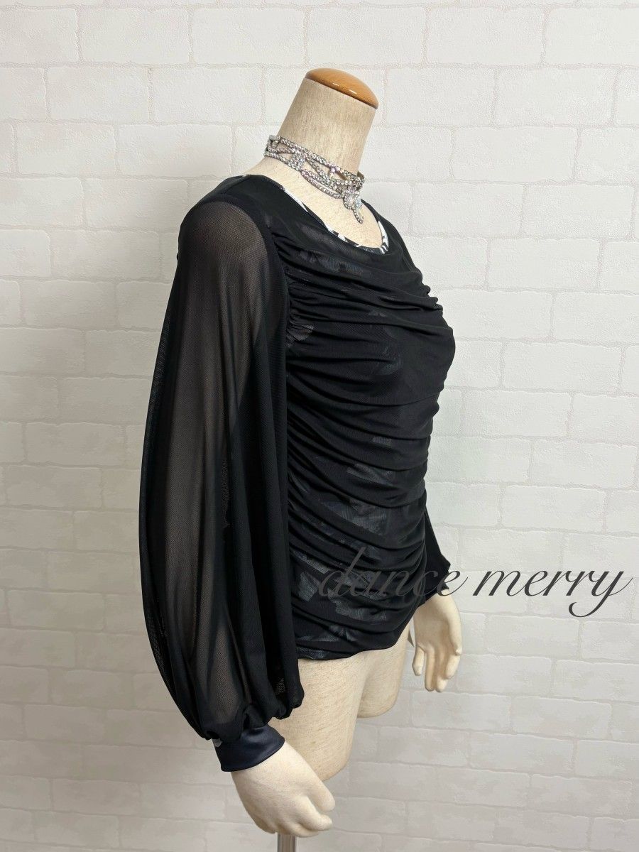 新品 長袖 社交ダンス トップス 黒 白 グレー バルーン袖 レッスン