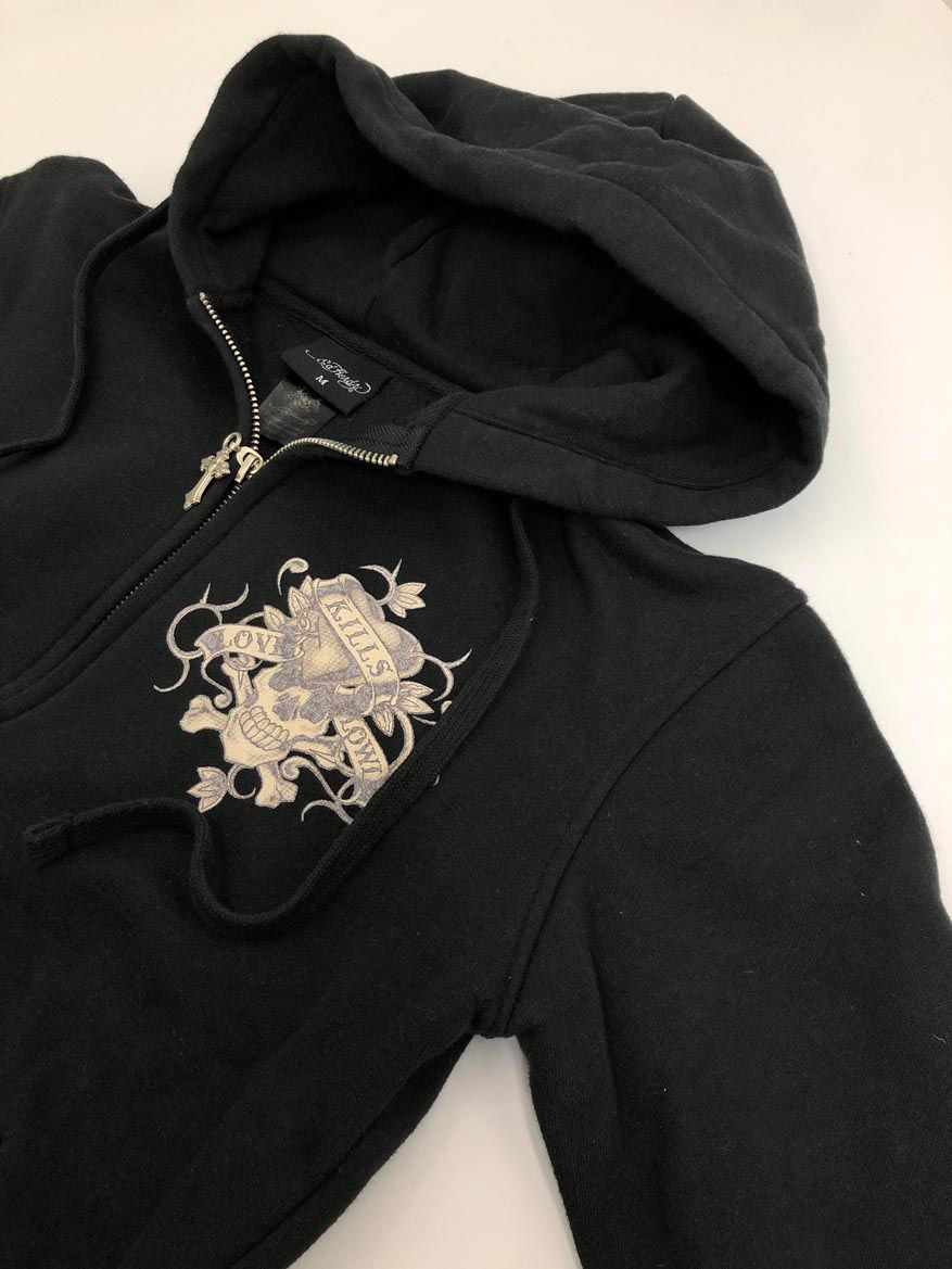 a 様お取置きEd Hardy エドハーディスカルプリント　ダメージ加工パーカー Ed Hardy エドハーディー スカル ロゴ プリント ジップアップ パーカー