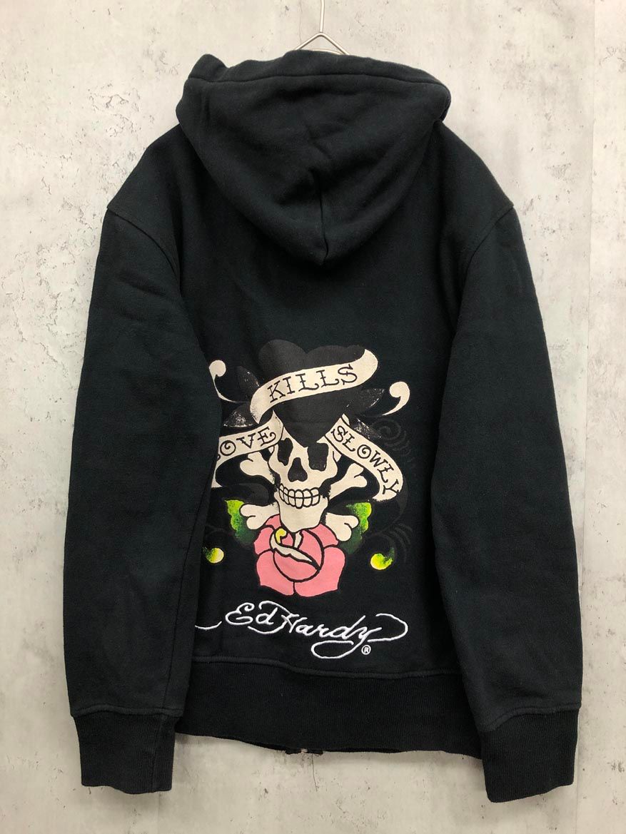 Ed Hardy エドハーディー スカル ロゴ プリント ジップアップ パーカー