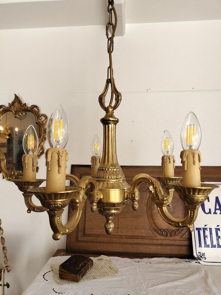 フランス アンティーク ブロンズ 装飾 シャンデリア 5灯 照明 美品