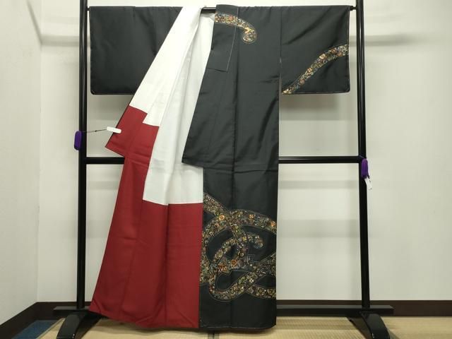 平和屋着物●本場大島紬　染大島　訪問着　総刺繍　中国三大刺繍　スワトウ刺繍　汕頭刺繍　相良刺繍　草花文　正絹　逸品　AABF9645ck 平和屋着物○中国三大刺繍スワトウ刺繍総刺繍訪問着本場縞大島紬結び紐