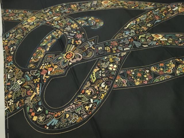 平和屋着物●本場大島紬　訪問着　総刺繍　中国三大刺繍　スワトウ刺繍　汕頭刺繍　松竹梅色紙風景文　正絹　逸品　AABH6922ph 平和屋着物○訪問着 本場大島紬 中国三大刺繍 汕頭刺繍 スワトウ刺繍