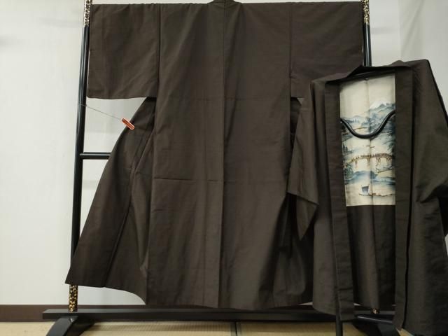 平和屋着物●男性　紬　アンサンブル　色無地　赤墨色　正絹　逸品　CABC6437yc 平和屋着物○男性 紬 アンサンブル 色無地 赤墨色 正絹 逸品