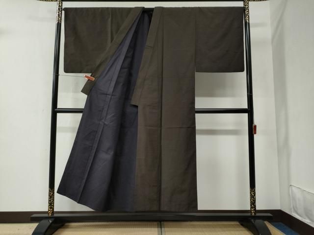 平和屋着物○男性 紬 アンサンブル 色無地 赤墨色 正絹 逸品