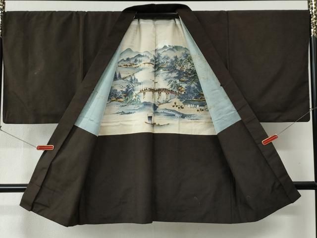 平和屋着物○男性 紬 アンサンブル 色無地 赤墨色 正絹 逸品