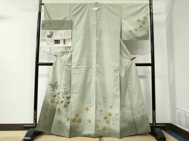 平和屋着物●訪問着　栗繭紬　作家物　枝花文　金彩　反端付き　正絹　逸品　未使用　CABC6516yc 平和屋着物○訪問着 栗繭紬 作家物 枝花文 金彩 反端付き 正絹 逸品 未