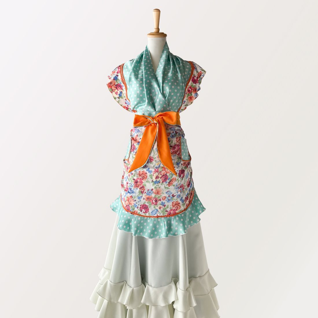フラメンコドレス 水色 花柄 フリル　エプロン ピキージョ ターバン 3点セット フラメンコドレス 水色 花柄 フリル エプロン ピキージョ ターバン 3点