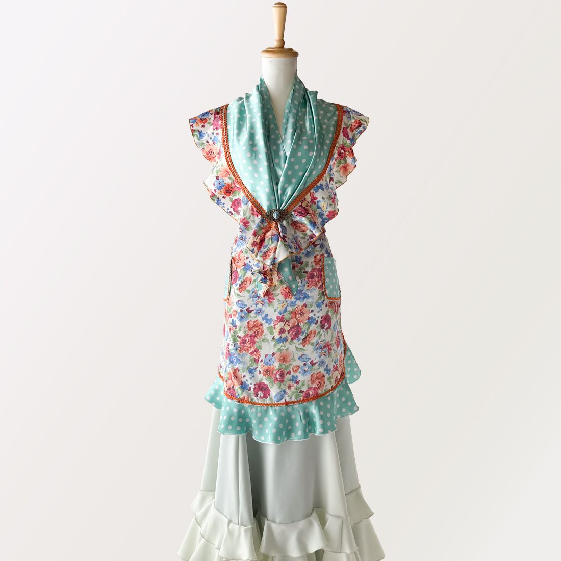 サイズ大きめ】レトロ花柄フリルピキージョ・エプロンセット(cr-215