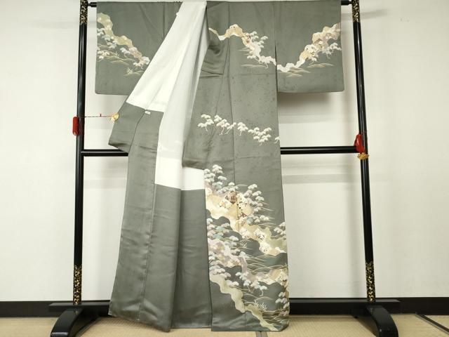 平和屋着物●訪問着　駒刺繍　立波枝松花文　金彩　正絹　逸品　AABF5213cs 平和屋着物○訪問着 駒刺繍 立波枝松花文 金彩 正絹 逸品 AABF5213cs