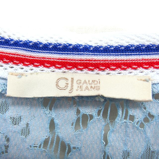 ガウディ GAUDI JEANS レース カットソー Tシャツ 英字 コットン混 ボートネック 五分袖 L ライトブルー /NT13