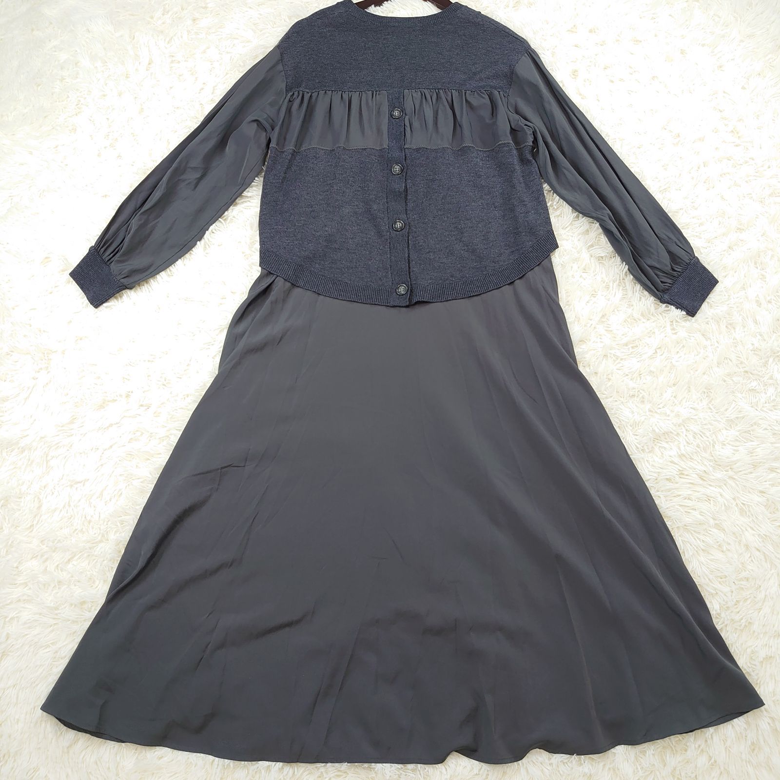 美品 vin バックボタンブラウスドッキングワンピース 異素材 サテン