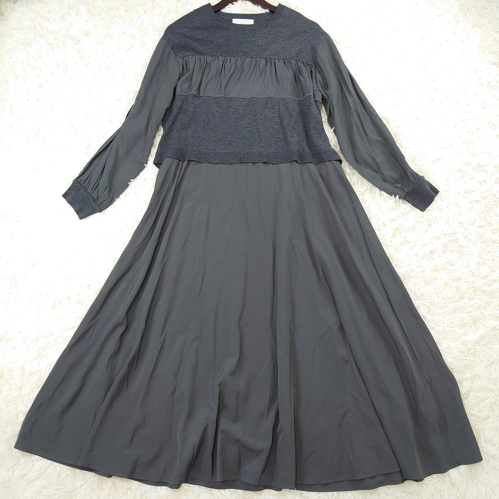 美品 vin バックボタンブラウスドッキングワンピース 異素材 サテン 
