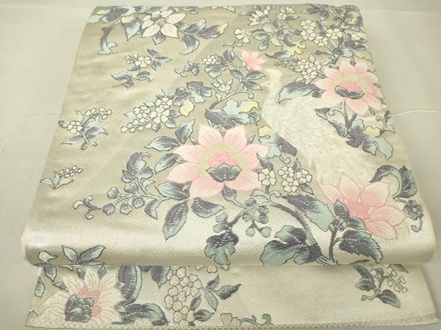 平和屋着物▽六通柄袋帯 唐織 孔雀更紗花文 銀糸 正絹 逸品 DABA4046az