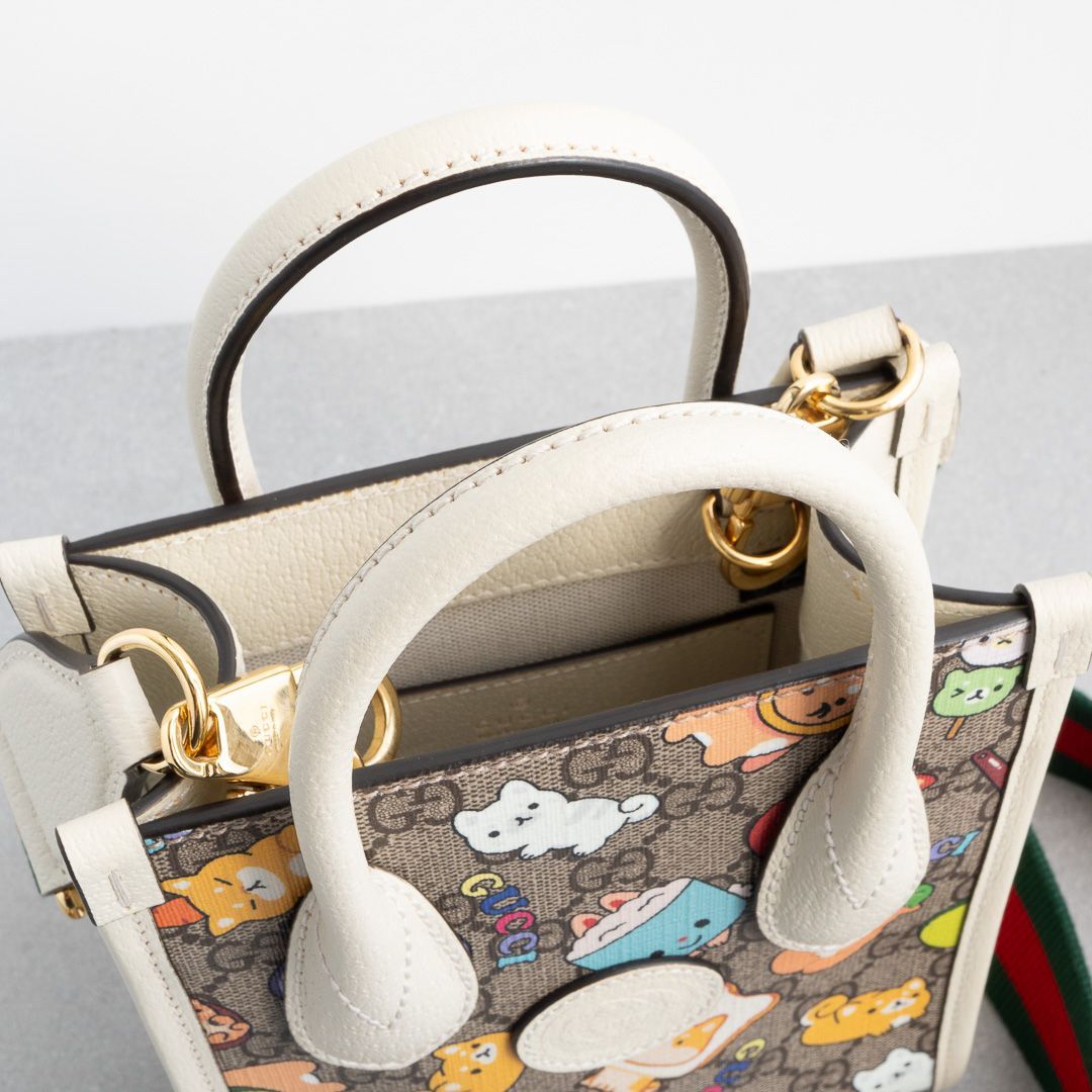 グッチ Pikarar アニマルプリント トートバッグ ミニ ホワイト レザー