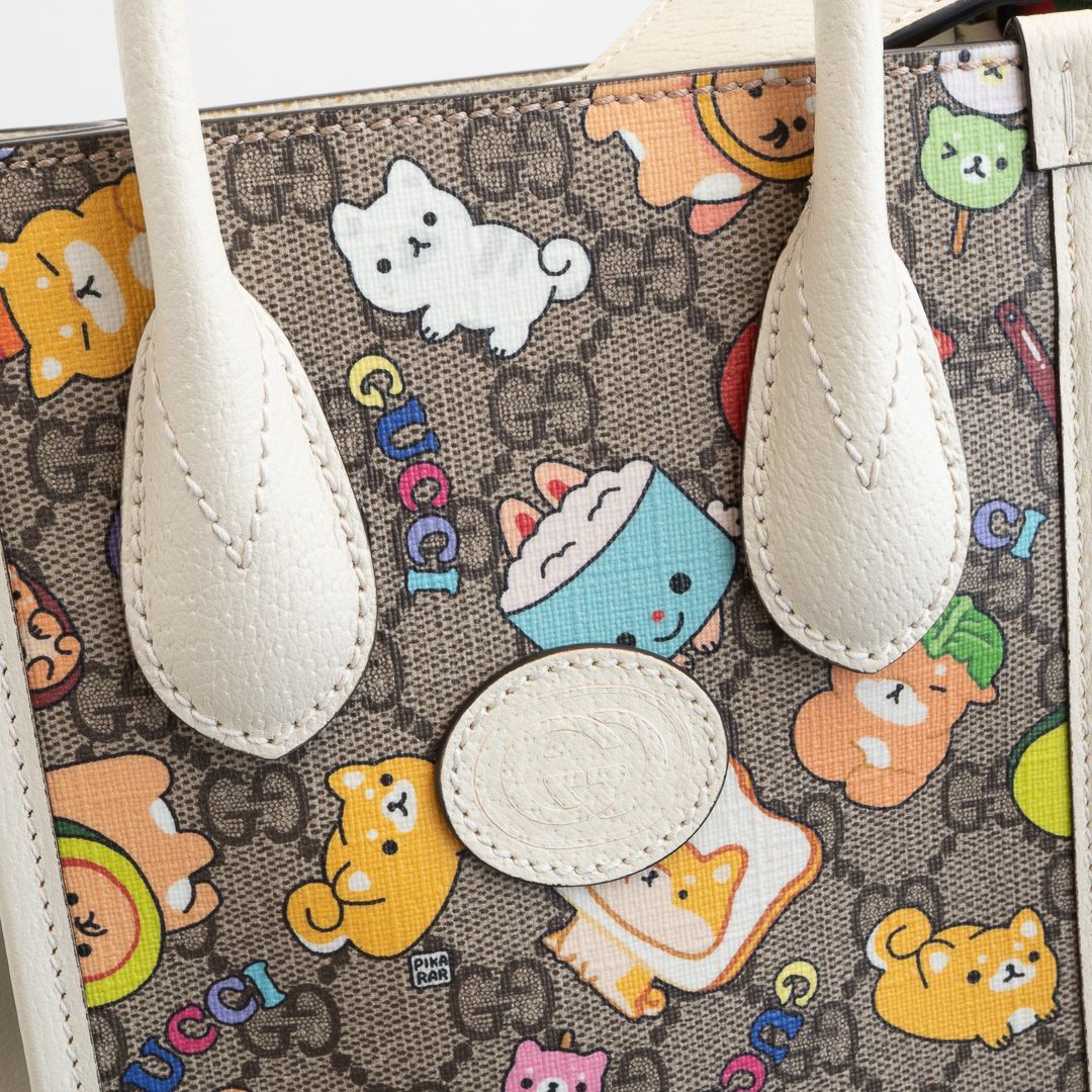 グッチ Pikarar アニマルプリント トートバッグ ミニ ホワイト レザー