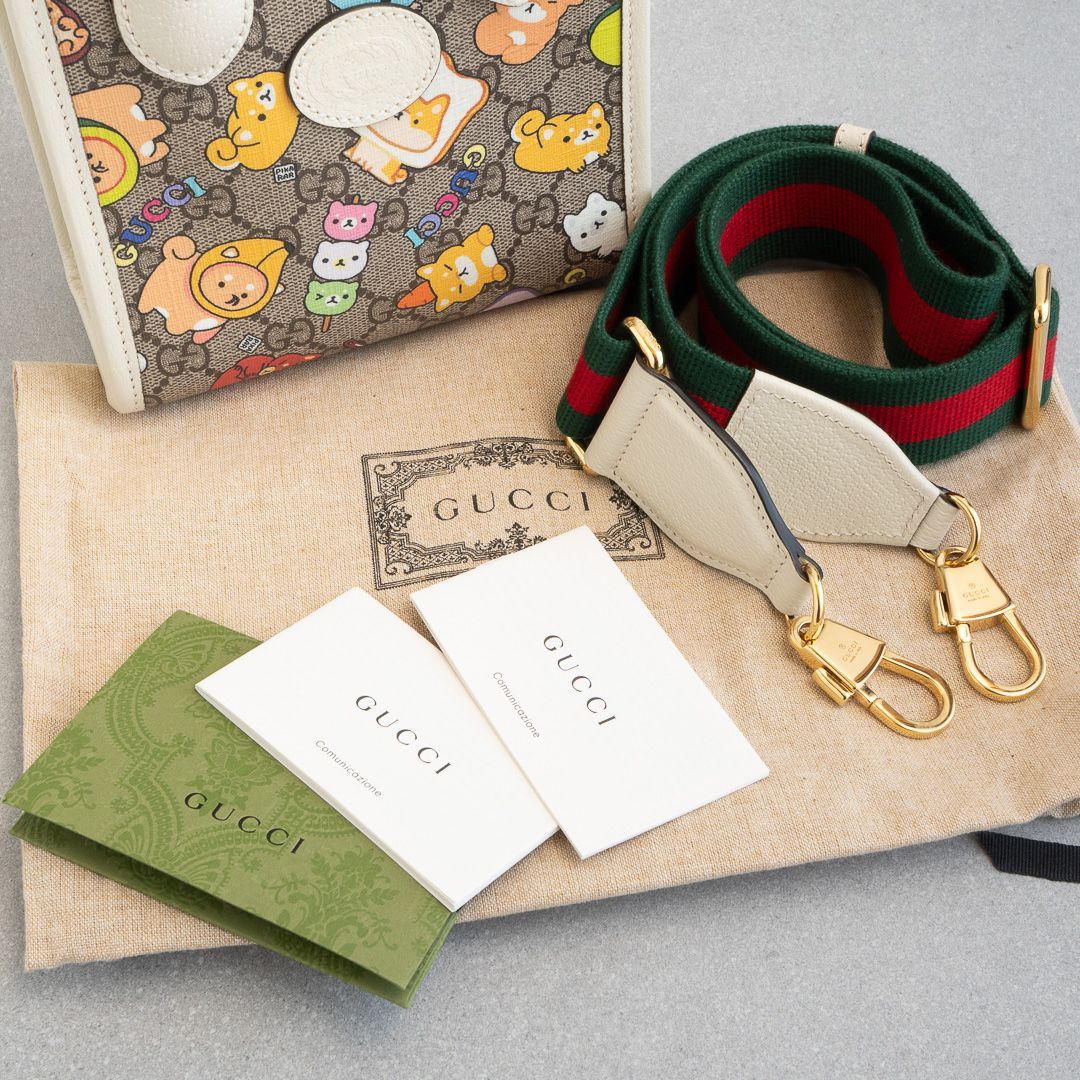 グッチ Pikarar アニマルプリント トートバッグ ミニ ホワイト レザー