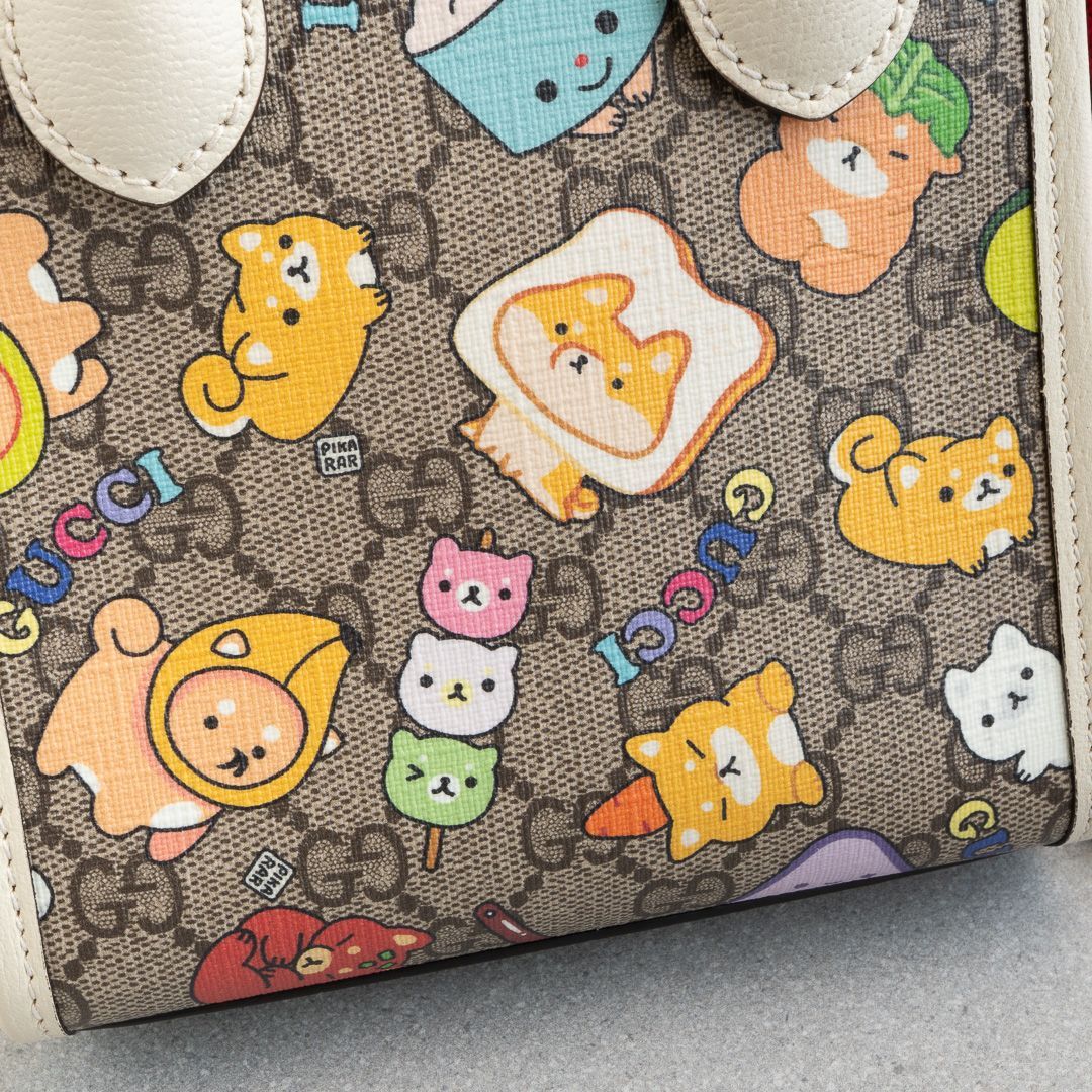 グッチ Pikarar アニマルプリント トートバッグ ミニ ホワイト レザー