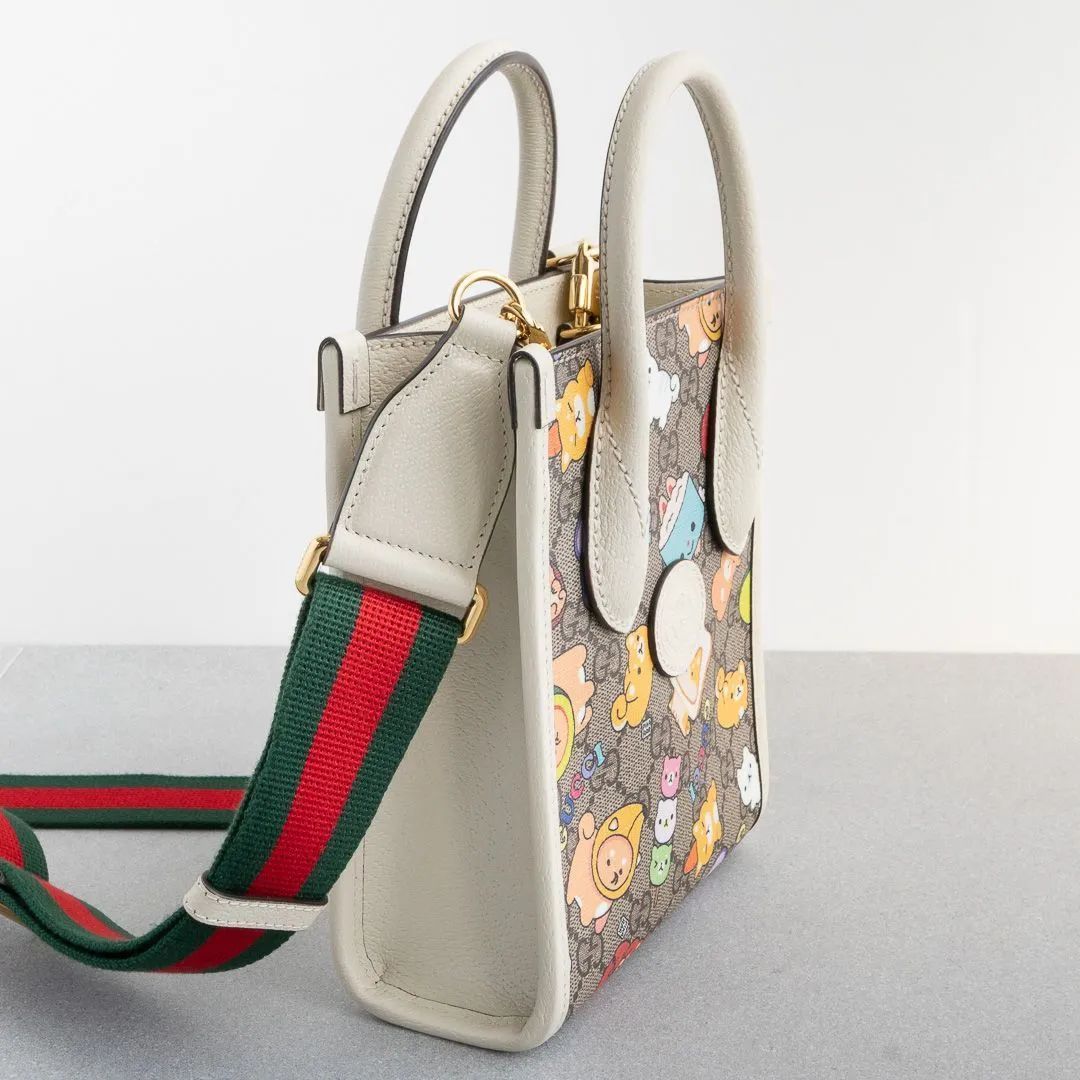 グッチ Pikarar アニマルプリント トートバッグ ミニ ホワイト レザー