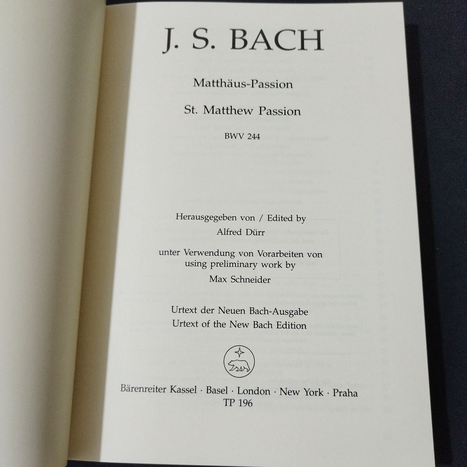 小型スコア J.S.バッハ マタイ受難曲 BWV 244 原典版 Durr & Schneider