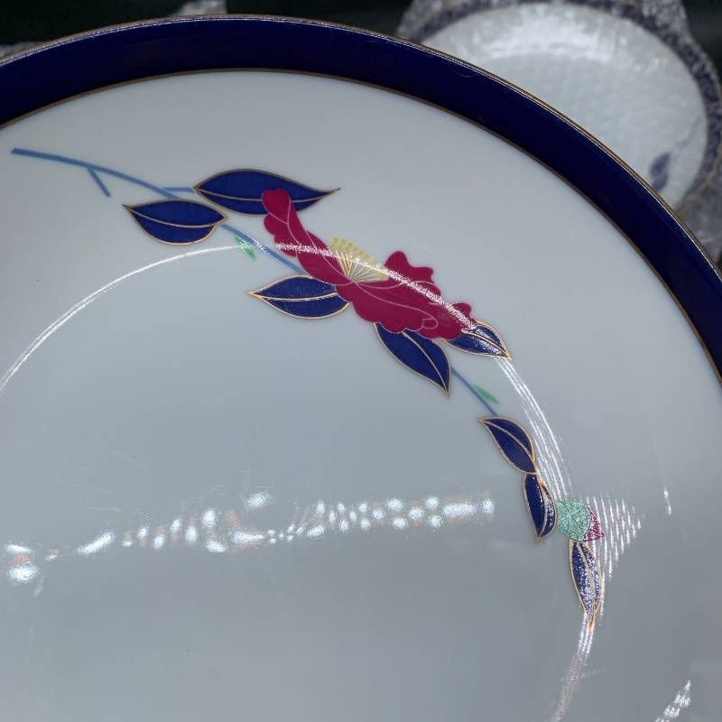 C419 香蘭社 中皿 山茶花 5枚 約20㎝皿 5枚セットおまとめ ネイビー