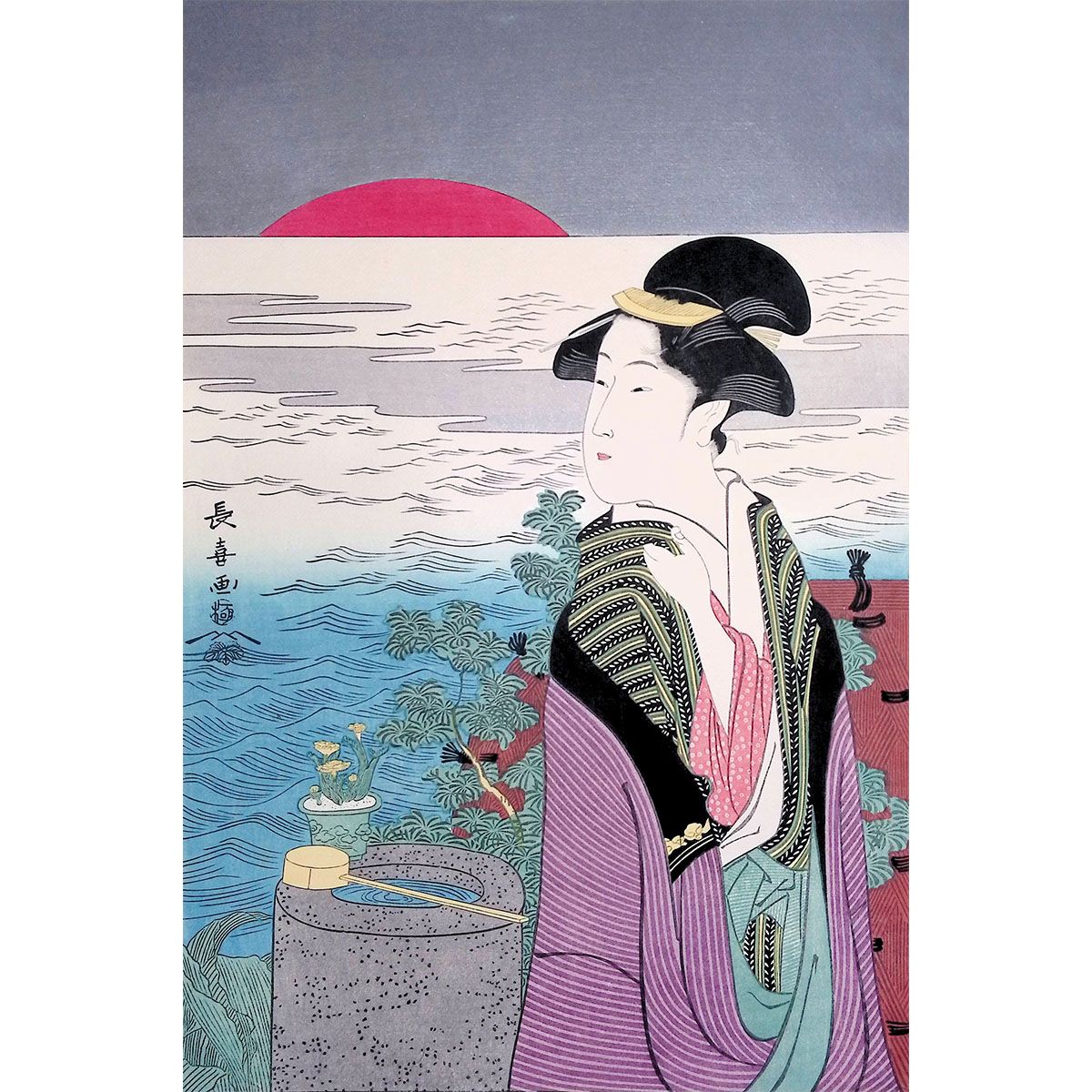栄松斎長喜 初日の出 浮世絵 木版画 雲母摺り きらずり 美人画 女性像