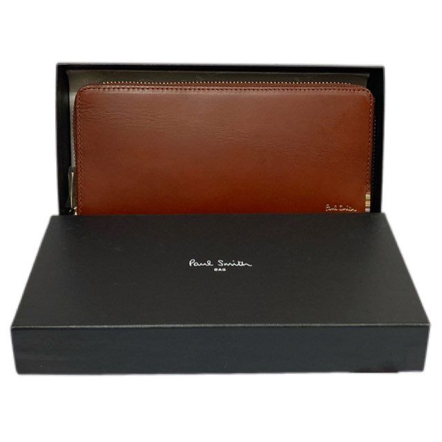 ポールスミス　長財布　マルチカラー　ラウンドファスナー　ロゴプリント　レザー 未使用 ポールスミス ラウンドファスナー 長財布 PSQ098 ブラウン 茶色