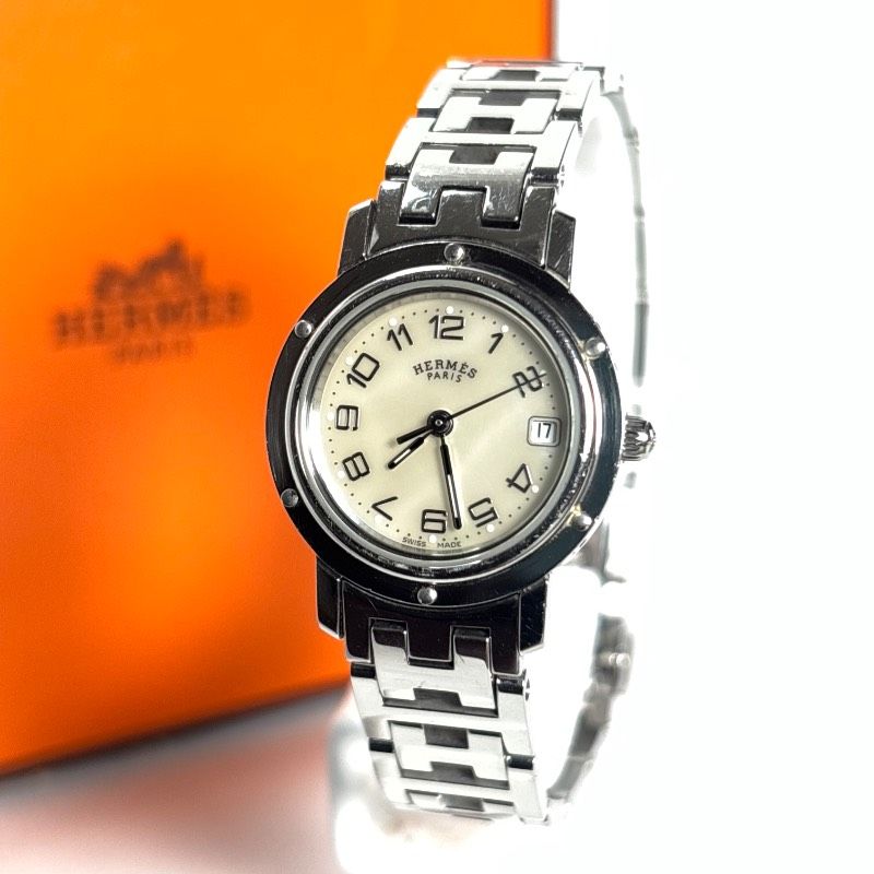 稼働品 HERMES エルメス CL4.210 クリッパー デイト ホワイトシェル