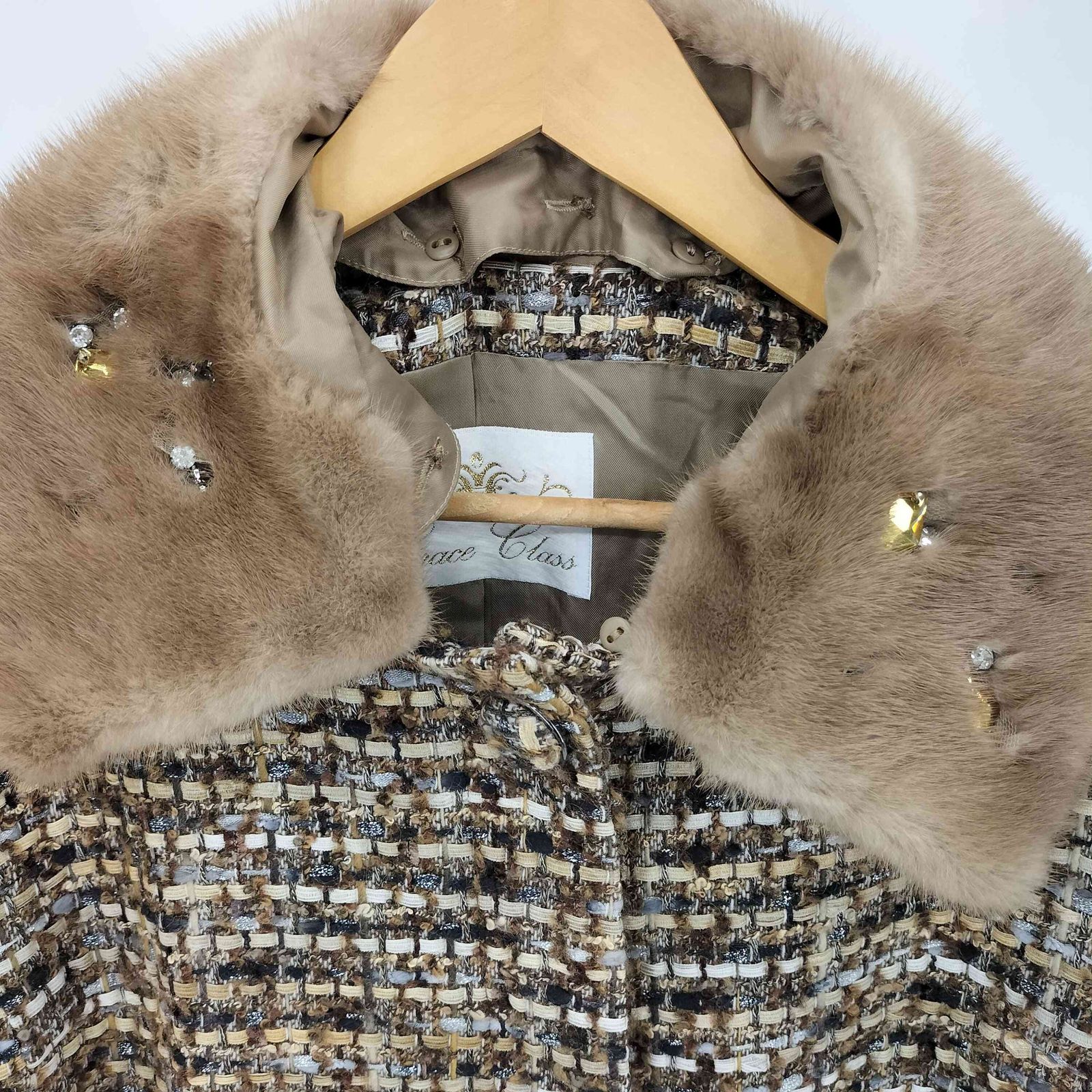 GRACE CLASS ノーカラーツイードコート 36 GRACE Class ノーカラーコート ツイードコート ロング ビジューの通販