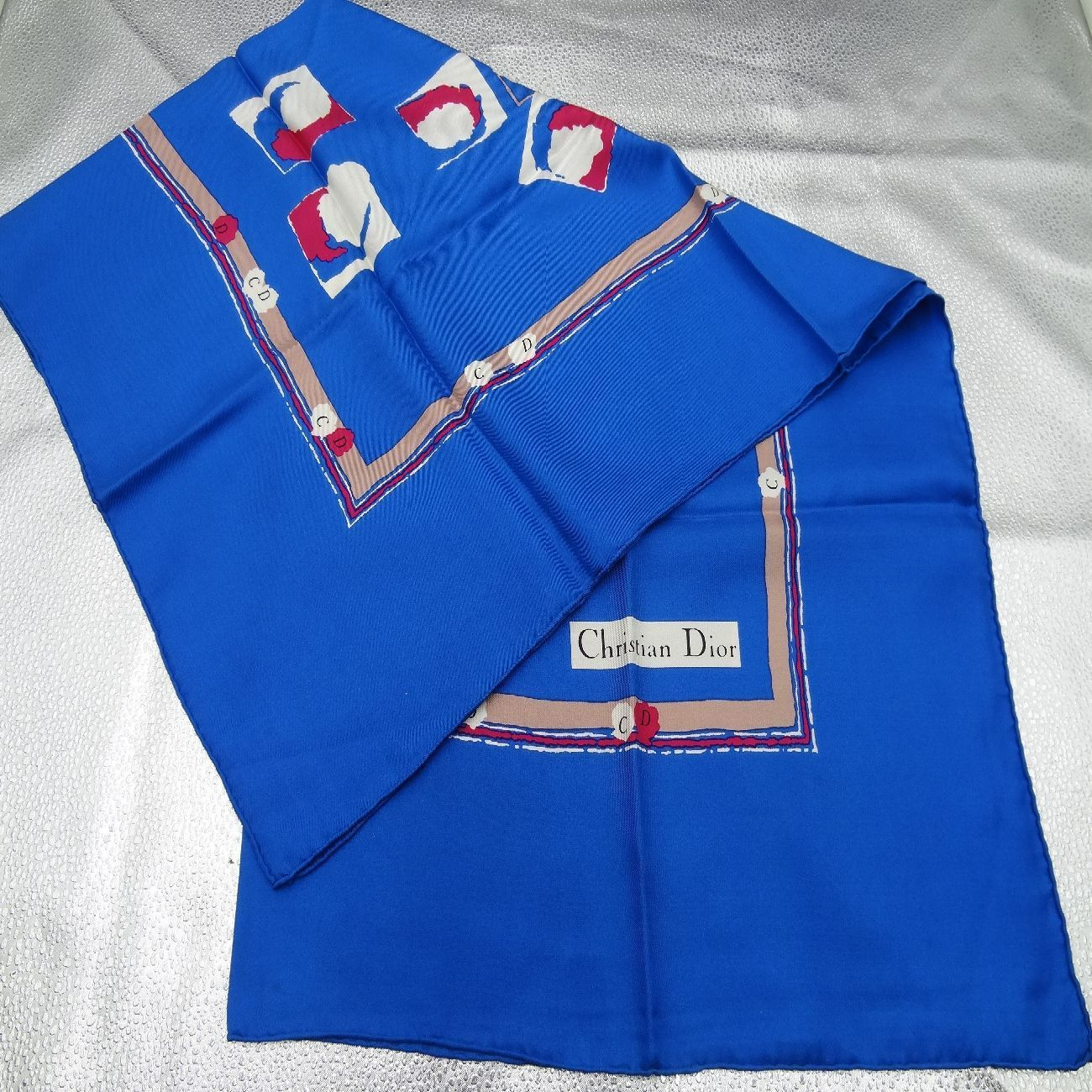 クリスチャンディオール 大判 スカーフ 青系 Christian Dior シルク