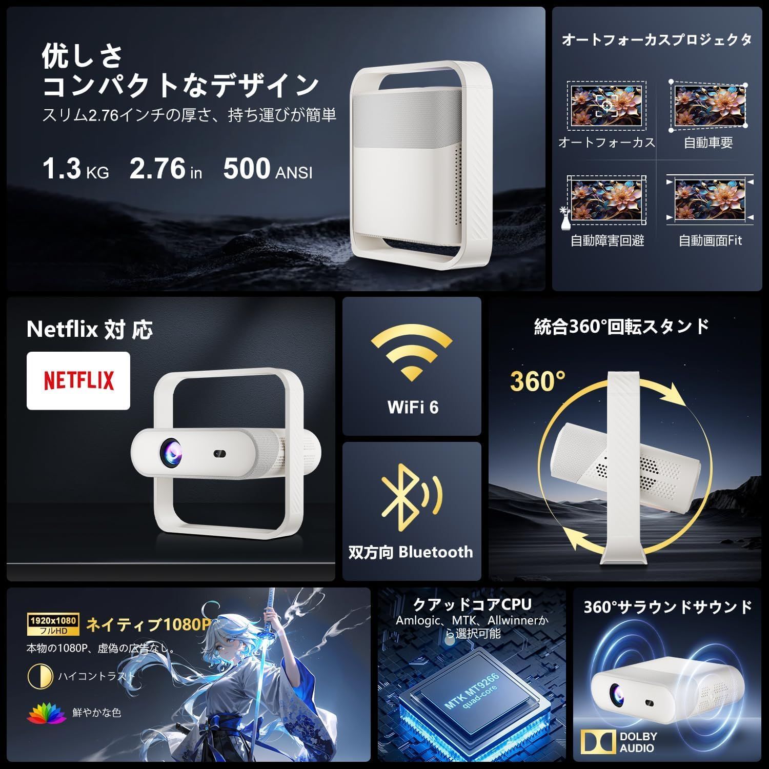 プロジェクター 家庭用 天井投影対応 1500ANSI 4K 自動台形補正 オート