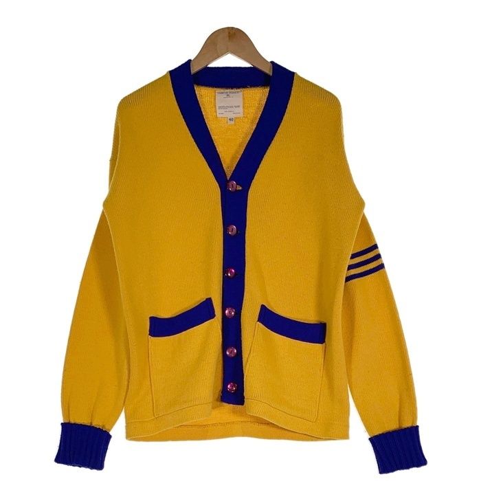 70's Champion チャンピオン アクリルニット レタードカーディガン 袖ライン イエロー ブルー USA製 Size 40 70's Champion チャンピオン アクリルニット レタードカーディガン 袖