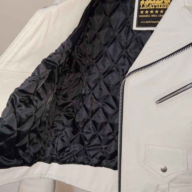 ACDC LEATHER ダブルライダース ホワイト ブラック サイズ38 ACDC LEATHER 革ジャン レザージャケット ライダースジャケット ダブル