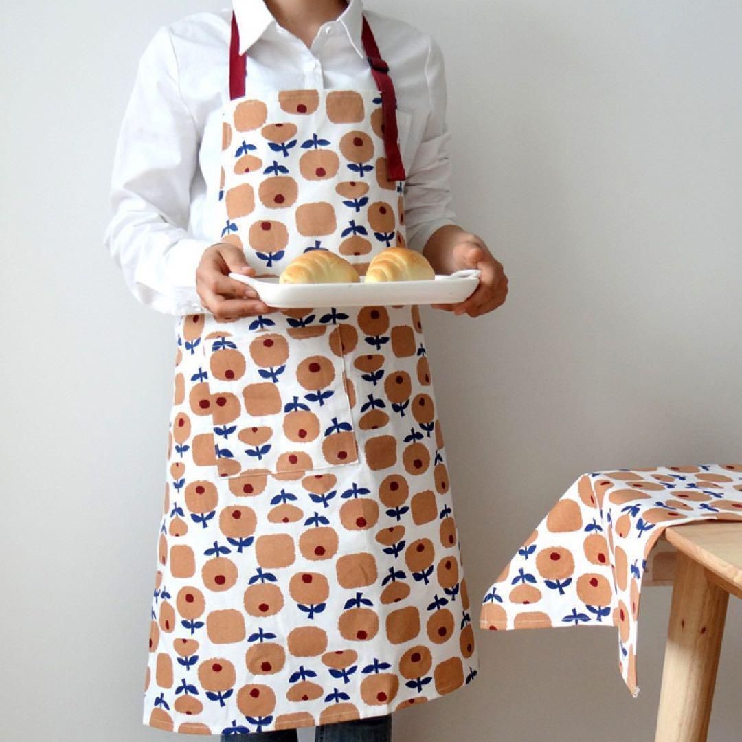 エプロン 北欧 首掛け 花柄 フラワーりんご ベージュ白 厚手 カフェ